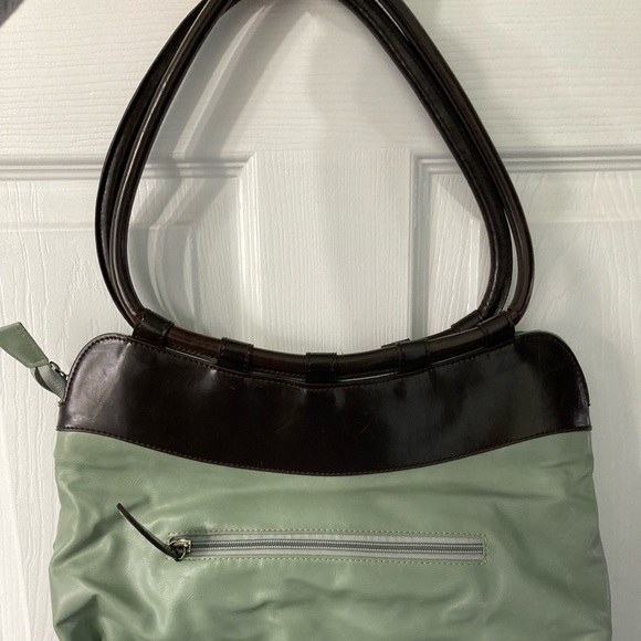ESPE shoulder purse. Grey green in colour with dark brown handles. - Picture 3 of 4